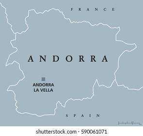 Andorra political map with capital Andorra la Vella and neighbors France and Spain. Principality,  country and microstate in Southwestern Europe. Gray illustration with English labeling. Vector.