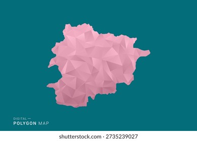 Andorra polygon map vector illustration in low poly geometric style, soft pastel colors with pink and teal green tones, clean silhouette on solid background, ideal for infographic.