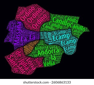 Andorra Regions Word Clouds. Bright neon style design on dark background. Region names of the country in Catalan language. Country shape with administrative division. Elegant vector illustration.