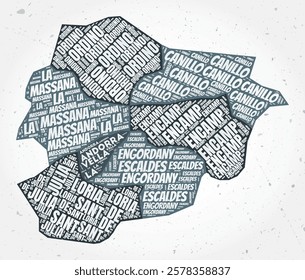 Andorra regions word clouds. Country shape on textured background. Andorra design in typographic style. Creative vector illustration.