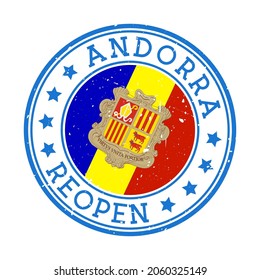 Andorra Reopening Stamp. Round badge of country with flag of Andorra. Reopening after lock-down sign. Vector illustration.