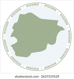 Andorra round logo design. Country shape build of rings. Andorra text around the country. Vector Illustration.