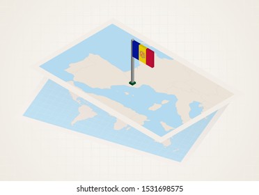 Andorra selected on map with isometric flag of Andorra. Vector paper map.