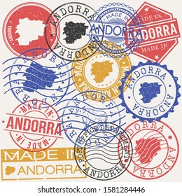 Andorra Set of Stamps. Travel Passport Stamp. Made In Product. Design Seals Old Style Insignia. Icon Clip Art Vector.