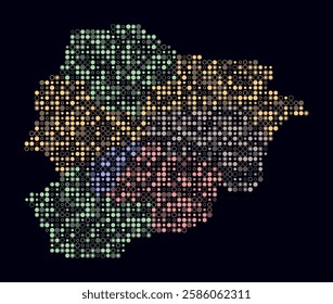 Andorra, shape of the country build of colored cells. Digital style map of the Andorra on dark background. Small size circle blocks. Creative vector illustration.