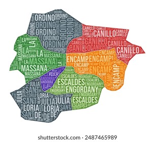 Andorra shape. Country word cloud with region division. Andorra colored illustration. Region names cloud. Vector illustration.