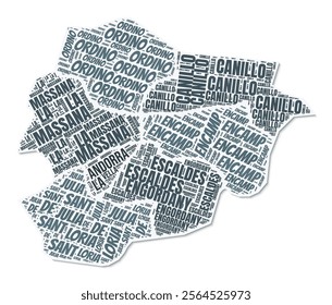 Andorra shape text cloud. Country border with shadow on white background. Andorra with regions division in vintage gazette style. Beautiful vector illustration.