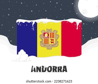 Andorra snowy weather concept, cold weather and snowfall, Andorra weather forecast winter banner idea, snow cap on flag with snowballs and moon, blizzard and adverse weather conditions