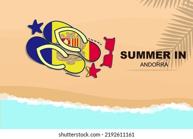 Andorra summer holiday vector banner, beach vacation concept, flip flops sunglasses starfish on sand, copy space area, Andorra summer travel and tourism idea with flag