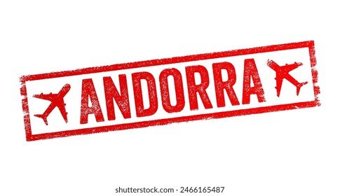 Andorra is a tiny, independent principality situated between France and Spain in the Pyrenees mountains, text emblem stamp with airplane