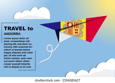 Andorra travel vector banner with paper flag and text space, Andorra country flag on paper plane, holiday and vacation concept, summer travel template and pattern, flight ticket idea