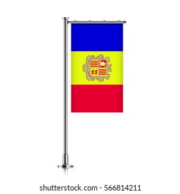 Andorra vector banner flag hanging on a silver metallic pole. Vertical Andorra flag template isolated on a white background.