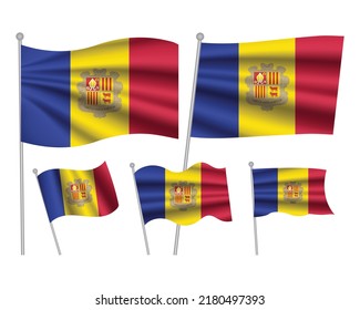 Andorra vector flags set. 5 wavy 3D cloth pennants fluttering on the wind. EPS10 created using gradient meshes isolated on white background. Five fabric flagstaff design elements from world collection