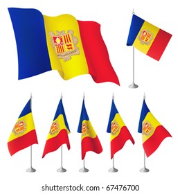 Andorra vector flags. A set of flags with metal stand, and one wavy flag fluttering on the wind. Created using gradient meshes. EPS8