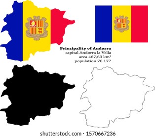 Andorra vector map, flag, borders, mask , capital, area and population infographic
