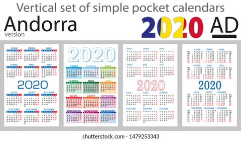 Andorra vertical set of pocket calendars for 2020 (Two thousand nineteen). New year. Color simple design. Vector