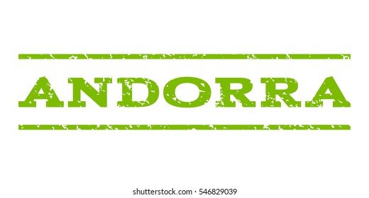 Andorra watermark stamp. Text caption between horizontal parallel lines with grunge design style. Rubber seal stamp with scratched texture. Vector eco green color ink imprint on a white background.