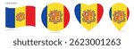 Andorra waving flag, round circle sticker badge, heart shaped icon, map pin. Andorran flag buttons of different shapes. Vector illustration isolated on white.