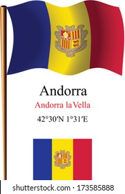 andorra wavy flag and coordinates against white background, vector art illustration, image contains transparency