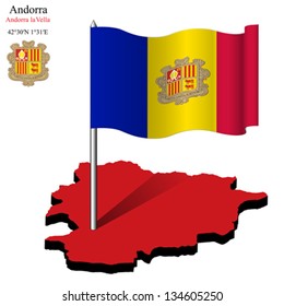 andorra wavy flag over map against white background, abstract vector art illustration, image contains transparency