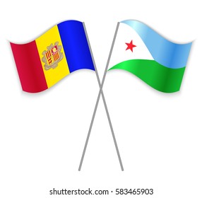 Andorran and Djiboutian crossed flags. Andorra combined with Djibouti isolated on white. Language learning, international business or travel concept.