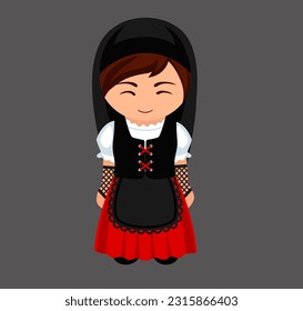Andorran female cartoon character in traditional ethnic dress. Woman in Andorra national costume. Isolated flat vector illustration.