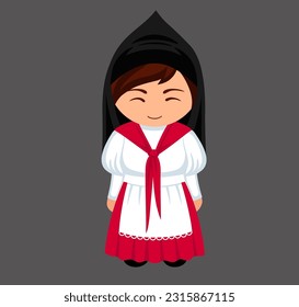 Andorran female cartoon character in traditional ethnic dress. Woman in Andorra national costume. Isolated flat vector illustration.