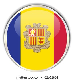 Andorran Flag. Glossy button with glare in bright round frame.
