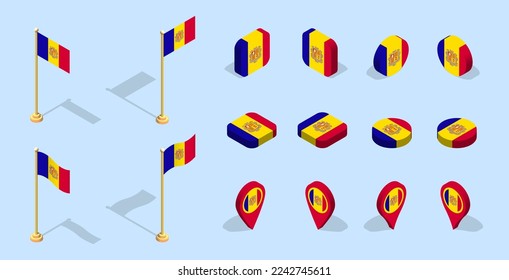 Andorran flag (Principality of Andorra). 3D isometric flag set icon. Editable vector for banner, poster, presentation, infographic, website, apps, maps, and other uses.