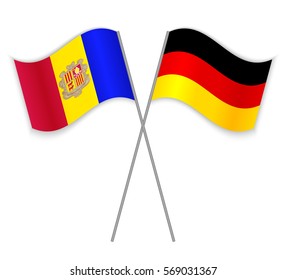 Andorran and German crossed flags. Andorra combined with Germany isolated on white. Language learning, international business or travel concept.