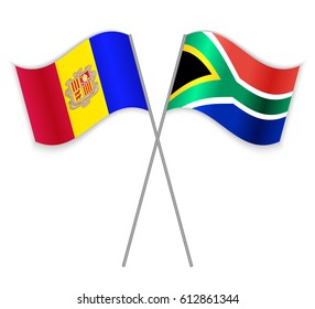 Andorran and South African crossed flags. Andorra combined with South Africa isolated on white. Language learning, international business or travel concept.