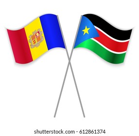 Andorran and South Sudanese crossed flags. Andorra combined with South Sudan isolated on white. Language learning, international business or travel concept.