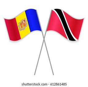 Andorran and Trinidadian crossed flags. Andorra combined with Trinidad and Tobago isolated on white. Language learning, international business or travel concept.
