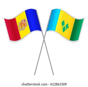Andorran and Vincentian crossed flags. Andorra combined with Saint Vincent and the Grenadines isolated on white. Language learning, international business or travel concept.