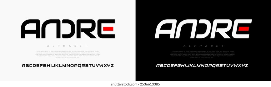 Andre creative modern geometric urban alphabet font. Digital abstract futuristic, game, techno, robot, music, logo, sport, minimal technology typography. Simple numeric vector illustration