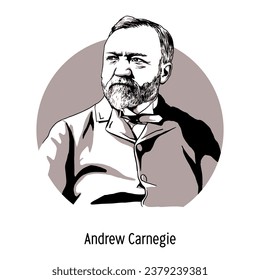 Andrew Carnegie was an American entrepreneur, major steel industrialist, multi-millionaire and philanthropist. Hand drawn vector illustration.