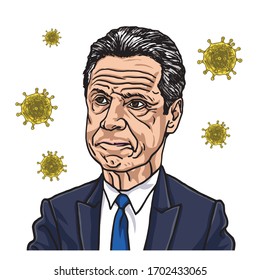 Andrew Cuomo New York Governor With Coronavirus Covid-19 Icon Background. Vector Cartoon Caricature Illustration. Albany, New York, United States April 13, 2020