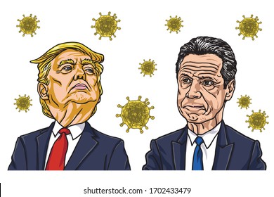 Andrew Cuomo New York Governor And Donald Trump Face To Face With Coronavirus Covid-19 Icon Background. Vector Cartoon Caricature Illustration. Albany, New York / United States April 13, 2020