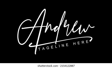 Andrew Elegant vector name signature logo design.Manual identity autograph signature sign.White Signature For Document On black Background.Isolated hand drawn name logo design.