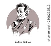 Andrew Jackson is an American statesman and politician, the 7th President of the United States. Founder of the Democratic Party. Hand-drawn vector illustration