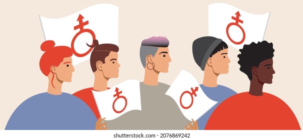 Androgyne People With Flag, Symbol
Androgynous. Flat Vector Stock Illustration. People Of A Different Gender. Crowd Or Group With A Flag. LGBTQ + Concept And Androgyne Gender. Isolated Illustration