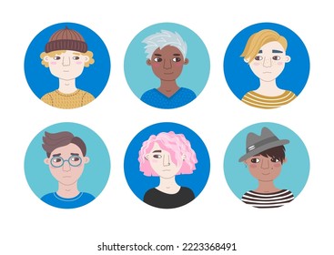 Androgyne Menschen porträtieren Set. Avatar sammelt Gelegenheitspersonen verschiedener Nationalitäten. Vektorgrafik-Illustration einzeln auf rundem Hintergrund. Paket für die Vertretung in sozialen Netzwerken.