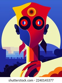 Android in an abstract form in a red blue color scheme against the backdrop of the city and the moon