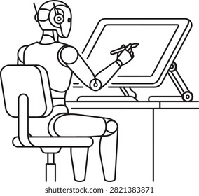 Android artist using stylus pen, artificial intelligence creativity, robotic arm sketching, technology concept.