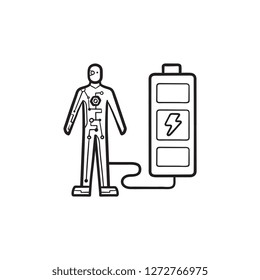 Android-Ladungen aus dem handgezeichneten, umrissenen Symbol für das Doodle-Symbol des Akkus. Advance Cybernetic, Human Power Technology Konzept. Vektorgrafik-Illustration für Druck, Web, Mobile und Infografiken auf weißem Hintergrund.