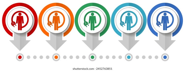 Android charging wire, humanoid robot vector icon set, flat design infographic template, set pointer concept icons in 5 color options for webdesign and mobile applications