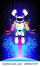 Android flying with children in space. astronauts in open space. young explorers of the starry sky. first cosmic speed on jet thrust. robot nanny with children vector illustration. Robot babysitter.