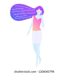 Android girl looking for answers to questions. Online assistant robot. Character on a white background.