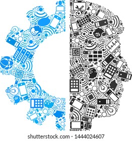 Android Head collage combined for bigdata illustrations. Vector android head mosaics are combined from computer, calculator, connections, wi-fi, network symbols into abstract bundle.