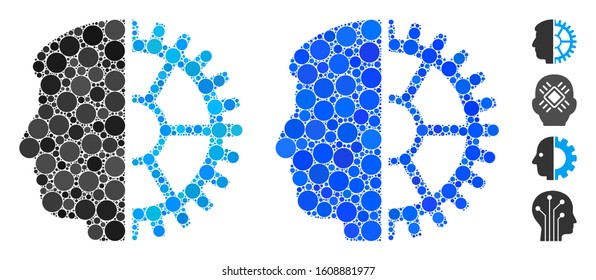 Android head composition of round dots in different sizes and color tones, based on android head icon. Vector round dots are organized into blue composition.